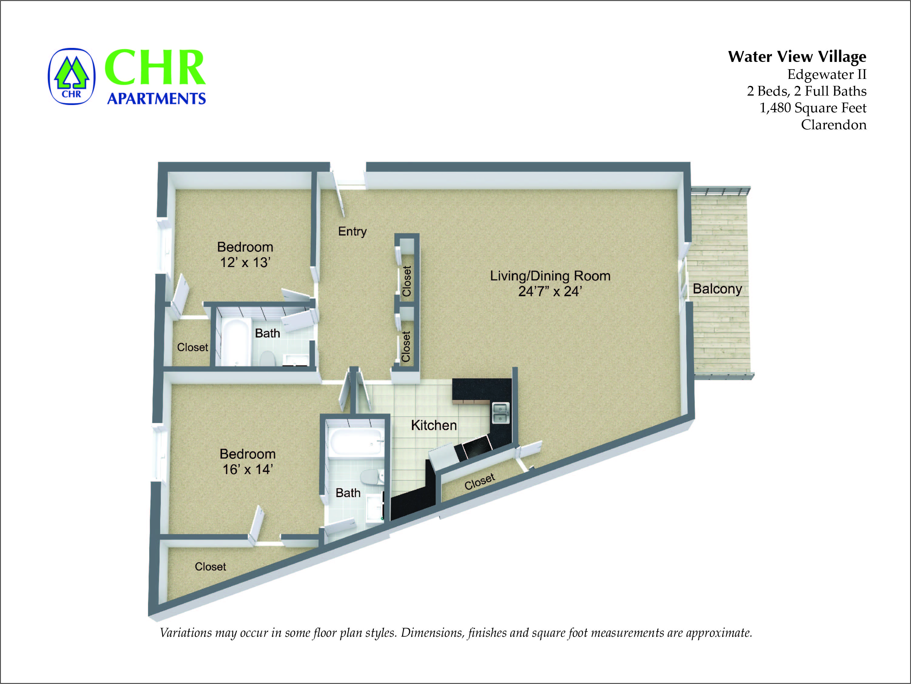 Floor plan for 2 beds, 2 baths, 1690 sqft